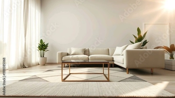 Fototapeta A sleek and modern interior design of a minimalist living room, featuring a neutral color palette of white, gray, and beige with black accents.