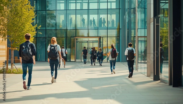 Fototapeta A realistic shot of a group of students walking in the entrance area at different times, passing through glass doors and entering a modern university building with tall ceilings