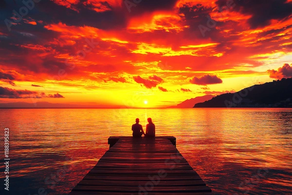 Fototapeta Couple enjoys a romantic sunset together on a wooden pier overlooking the calm sea