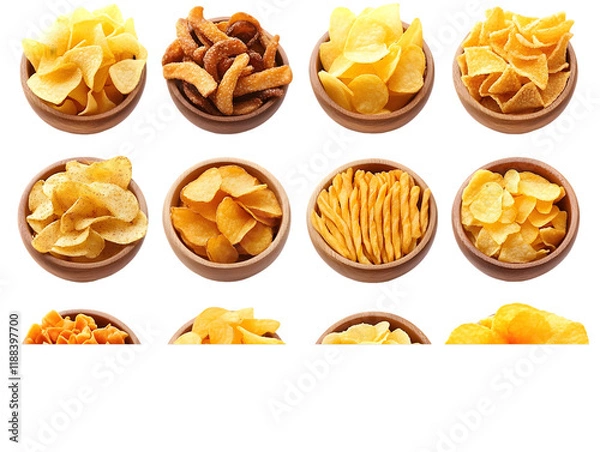 Fototapeta Fried Snacks in Wooden Bowls Isolated On A White Background, PNG Transparent
