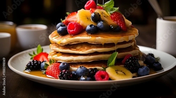 Fototapeta Mouth watering stack of fluffy whole wheat pancakes topped with an array of fresh seasonal fruits and drizzled with rich golden maple syrup   a tempting and nutritious breakfast or brunch dish