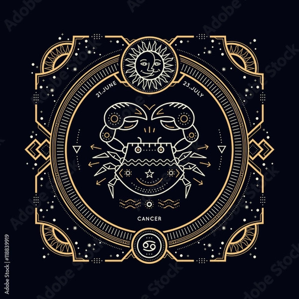 Obraz Vintage thin line Cancer zodiac sign label. Retro vector astrological symbol, mystic, sacred geometry element, emblem, logo. Stroke outline illustration.