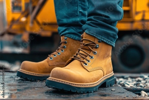 Fototapeta Reliable workwear boots designed for industrial use, featuring slip-resistant soles and lightweight construction for enhanced safety and comfort in demanding environments.