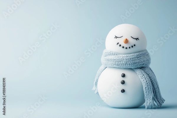 Fototapeta Photo of a sad snowman with closed eyes and wearing a scarf on a light blue background, representing a winter concept.