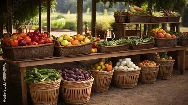 Fototapeta Lively Farmer s Market Setting Showcasing a Diverse Array of Fresh Seasonal Vegetables and Produce Artfully Arranged in Woven Baskets and Crates for a Rustic Natural Display