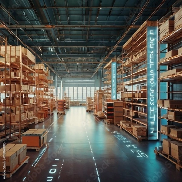 Fototapeta Futuristic Technology Retail Warehouse: Digitalization and Visualization of Industry