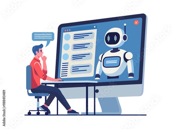 Obraz futuristic concept man talking ai chatbot computer screen artificial intelligence robot assistant online customer support vector illustration