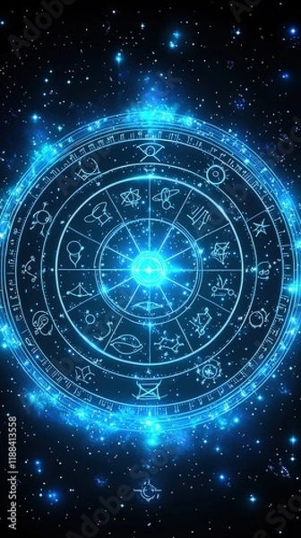 Obraz A glowing astrological wheel featuring zodiac symbols, representing celestial influences and cosmic energy.