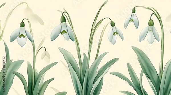 Fototapeta Delicate Snowdrop Blooms in Artistic Watercolor Style