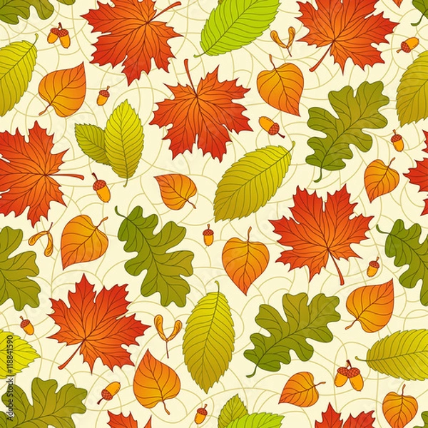 Fototapeta Autumn seamless pattern with seeds and leaves