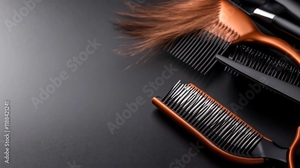 Fototapeta Hairdressing Tools on Dark Background: Combs and Hair