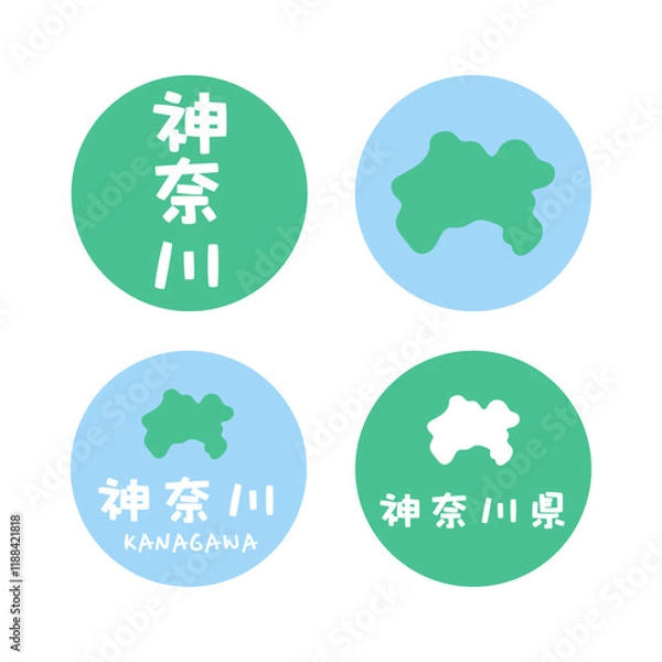 Fototapeta シンプルな日本の神奈川地図　イラスト素材　セット
