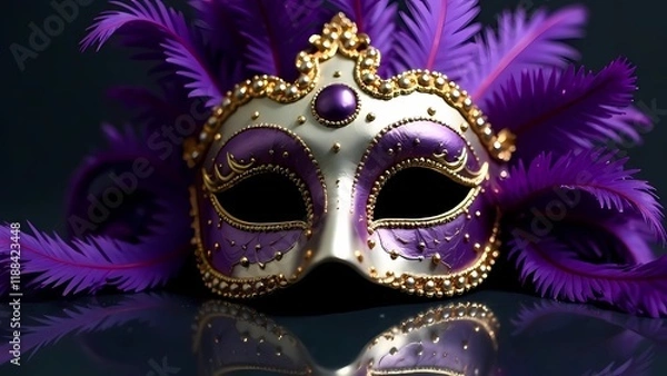 Fototapeta Mardi Gras. Mardi Gras carnival banner in purple, green, yellow colors. Mardi Gras mask with gold filigree and purple feathers on reflective surface, elegant mood.