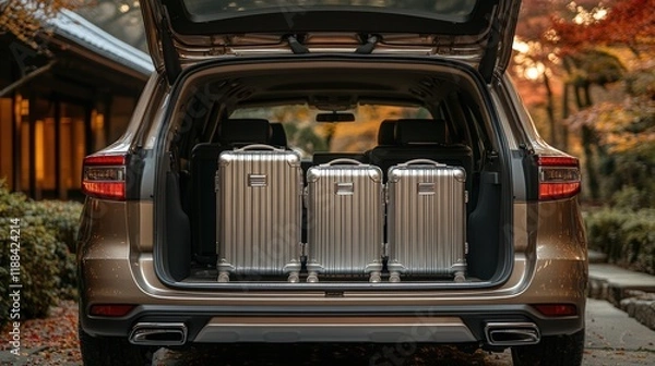 Fototapeta Opened trunk of a luxury SUV with silver suitcases on a cobblestone street during autumn evening, surrounded by historic buildings and warm lighting