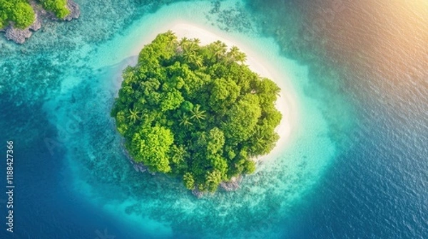 Fototapeta Aerial View of a Lush Tropical Island Surrounded by Crystal Clear Turquoise Waters and Pristine White Sand Beaches with Vibrant Green Trees and Palm Foliage
