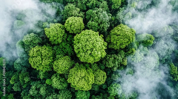 Fototapeta Ai generated drone view of a dense forest on mountain slope capturing lush nature and cloudy skies