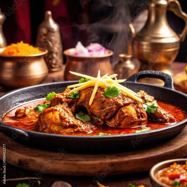 Obraz A dish of chicken karahi with spicy tomato-based gravy, fresh coriander, and sliced ginger