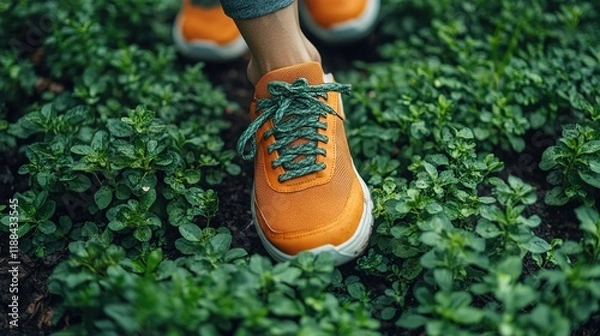 Obraz A close-up of an orange sneaker stepping on lush green plants, emphasizing nature and outdoor activity.