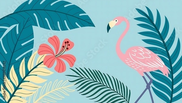 Fototapeta A pink flamingo with sunglasses and a flower crown poses against a blue background with palm leaves. The flamingo is a symbol of summer, fun, and tropical vacations.