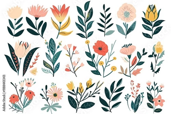 Fototapeta Detailed Color Picture of Flower Collection with Leaves and Floral Bouquets, Vector Elements