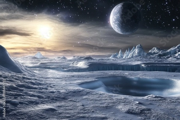 Fototapeta Beautiful icy landscape on a distant planet with a massive moon in the sky