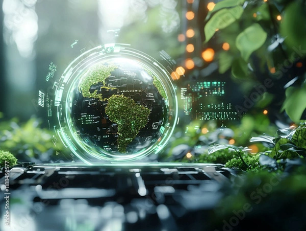 Fototapeta Ai-generated green globe on digital platform emphasizing esg in nature eco-friendly environment futuristic perspective