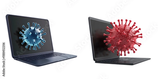 Fototapeta 3D image of laptop displaying antivirus software with virus graphics, showcasing digital security