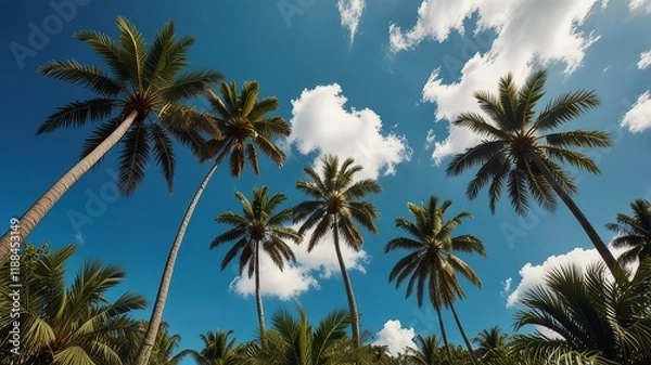 Fototapeta Green palm trees against blue sky and white clouds. Tropical jungle forest with bright blue sky, panoramic nature banner. Idyllic natural landscape, looking up, low point of view. Summer traveling