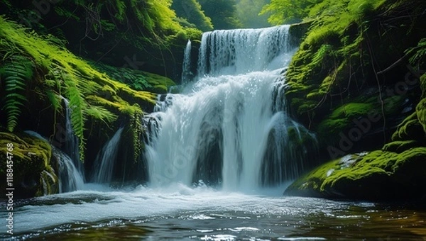 Obraz Close-Up of Cascading Waterfall Amid Lush Greenery and Mossy Rocks