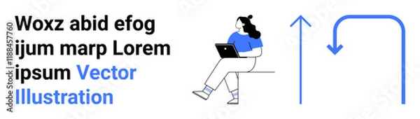 Fototapeta Woman in blue shirt using laptop while sitting on ledge, accompanied by arrows indicating workflow or process direction. Ideal for productivity, workflow, business, technology, process diagrams