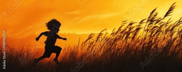 Fototapeta Silhouette of a child running through a golden field at sunset.