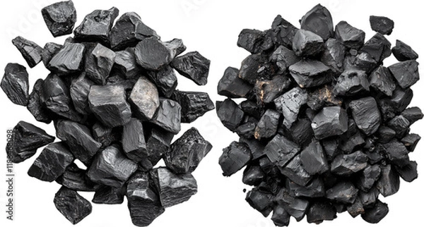 Fototapeta Black charcoal pile isolated on transparent background, coal top view png
