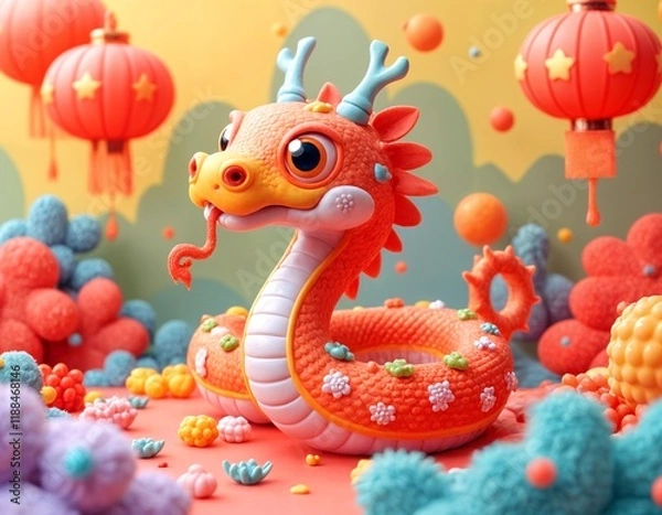 Fototapeta Playful Dragon-Inspired Snake Figure with Lanterns and Festive Decor for Lunar New Year