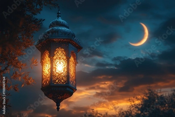 Fototapeta Ornate metal lantern casting intricate patterns, glowing warmly in a dimly lit, atmospheric setting.