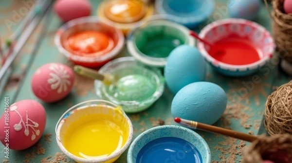 Fototapeta A vibrant scene of colorful egg dyeing, featuring a variety of dyed eggs in different hues, surrounded by bowls of dye, brushes, and tools, capturing the fun and creativity of the Easter tradition