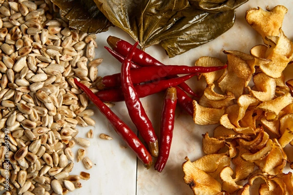 Fototapeta Red pepper, sunflower seeds and mushrooms on the table