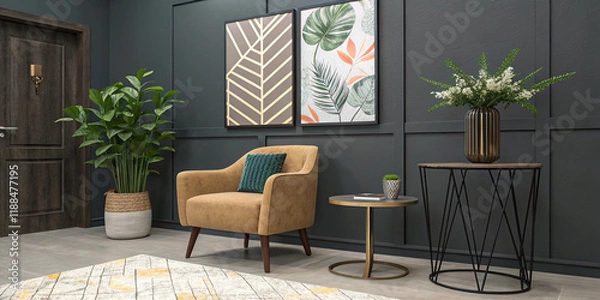 Fototapeta Front View of a Lounge Area Featuring a Waiting Space with Modern Decor