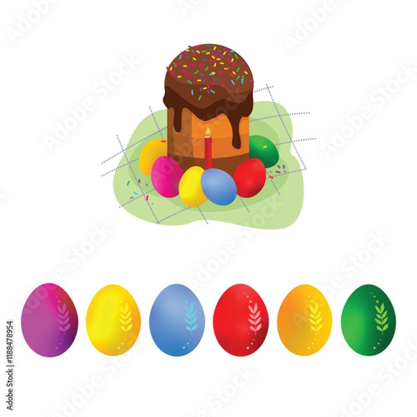 Fototapeta Easter cake with eggs and candles. Пасхальный кулич с яйцами.