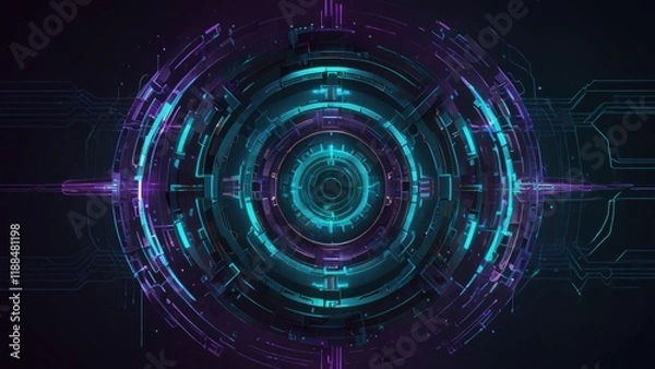 Fototapeta Futuristic cybernetic portal with radiant neon lights and geometric patterns