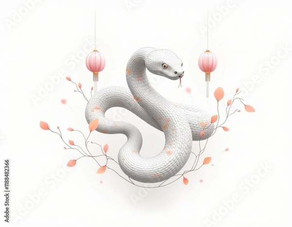 Fototapeta Elegant White Snake with Peach Accents and Lanterns for Lunar New Year