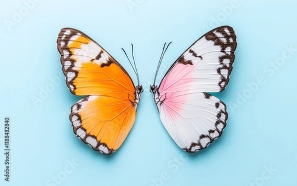 Fototapeta Vibrant Orange and Pink Butterflies on Light Blue Background Close up View