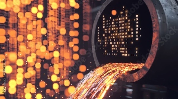 Obraz Molten metal flowing from pipe industrial facility abstract visual dark environment close-up technology concept