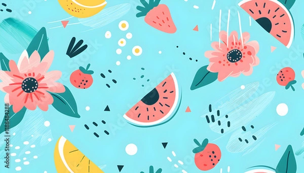 Fototapeta Abstract Background Illustration - Watermelon, Strawberry, Flower, and Lemon on Blue