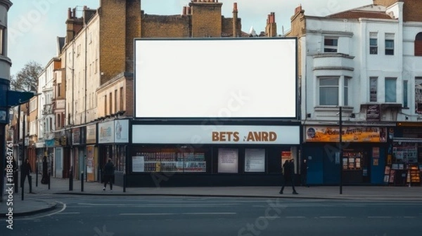 Fototapeta a white billboard on a uk high street with a betting shop in the foreground with a large sign 