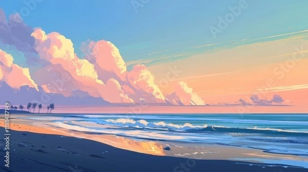 Fototapeta gentle ocean breeze, beach sunset artwork, pastel coastal scenery, pastel beach, soft pastel colors, serene coastal landscape, beach landscape, coastal colors, painterly beach view, colorful cloudscap