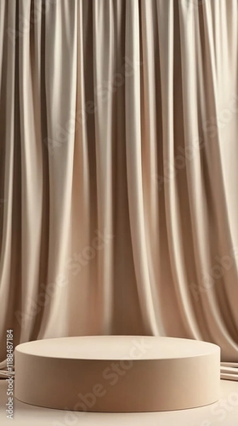Fototapeta Mocha-Themed Round Podium with Elegant Curtain Backdrop
