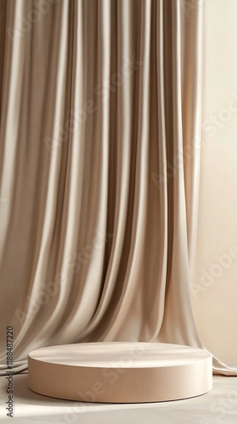 Fototapeta Mocha-Themed Round Podium with Elegant Curtain Backdrop
