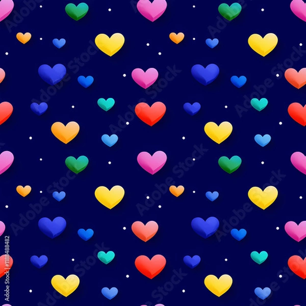Fototapeta Seamless Pattern of Colorful Hearts on Dark Blue Background