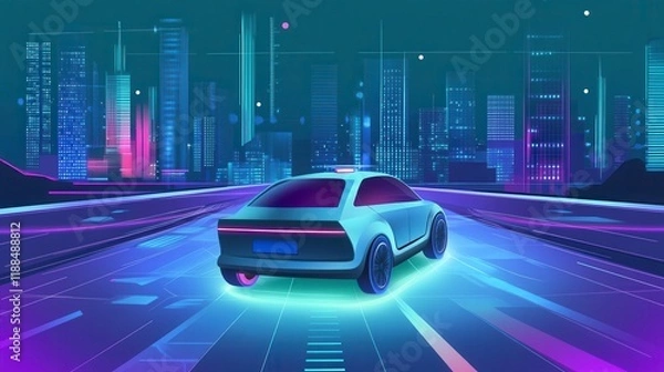 Fototapeta future urban environment, neon light cityscape, future urban mobility, advanced driver assistance systems, future transportation concepts, futuristic electric vehicle design, neon cityscape art