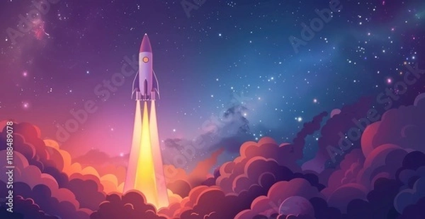 Fototapeta illustration spaceship shuttle rocket launch in to space interstellar travel 3D render color pink purple blue